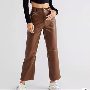 Free People Brown Leather Wide Leather Pant